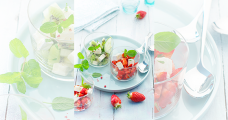 RECIPE MAIN IMAGE Tartare de fraises et basilic - tartare de concombre et kiwi menthe Caprice des dieux