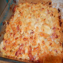 Gratin de pâtes au chou et lardons