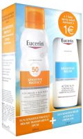 Brume de soleil Sensitive Protect SPF50 et crème après-soleil Eucerin
